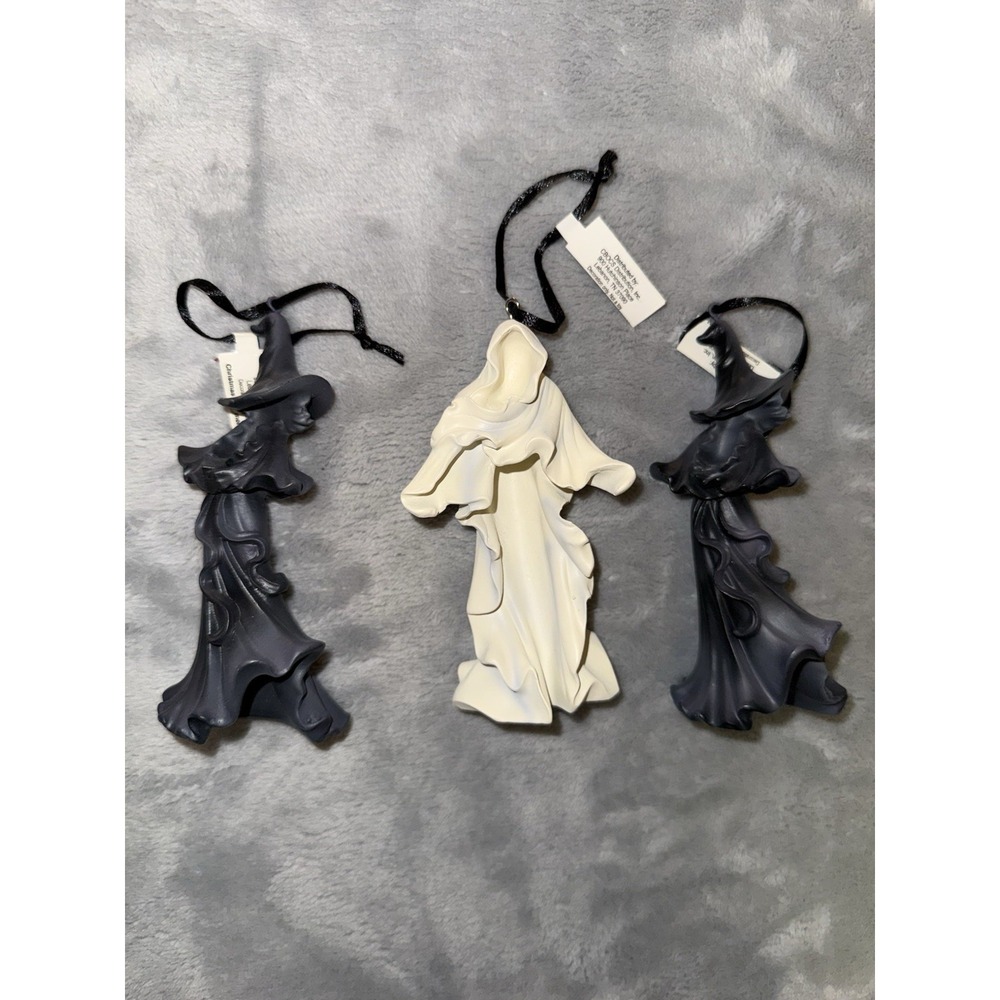 Two Cracker Barrel 5" Black Witch's & White Ghost Halloween Ornaments ~ New